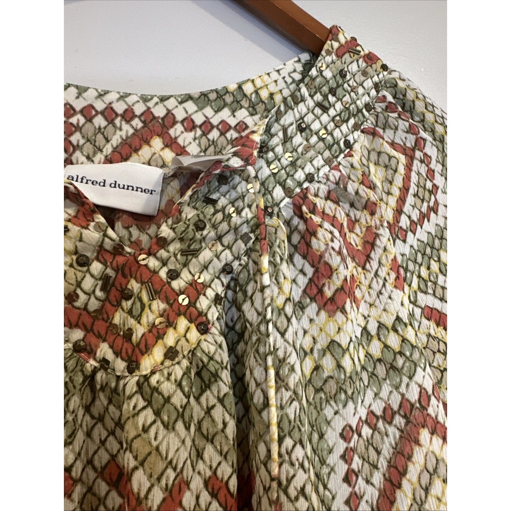 Alfred Dunner Tunic Top Womens 12 Olive & Rust Snakeskin Print‎ Beaded Front Tie - Picture 7 of 7